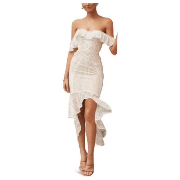 Selfie Leslie Dreamy Off The Shoulder Dress Ivory Tan Lace High Low Ruffle S - Picture 2 of 13
